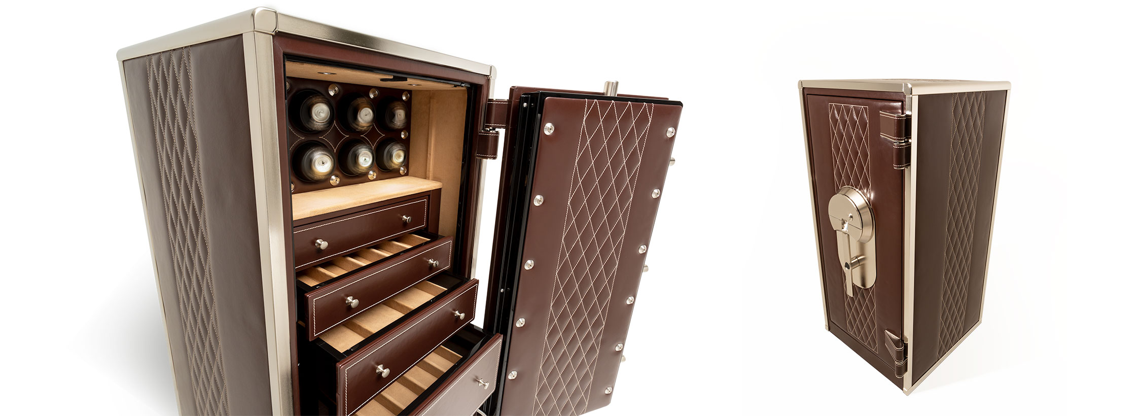 Decorative image of leather wrapped 4018 luxury safe in brown leather with stainless hardware