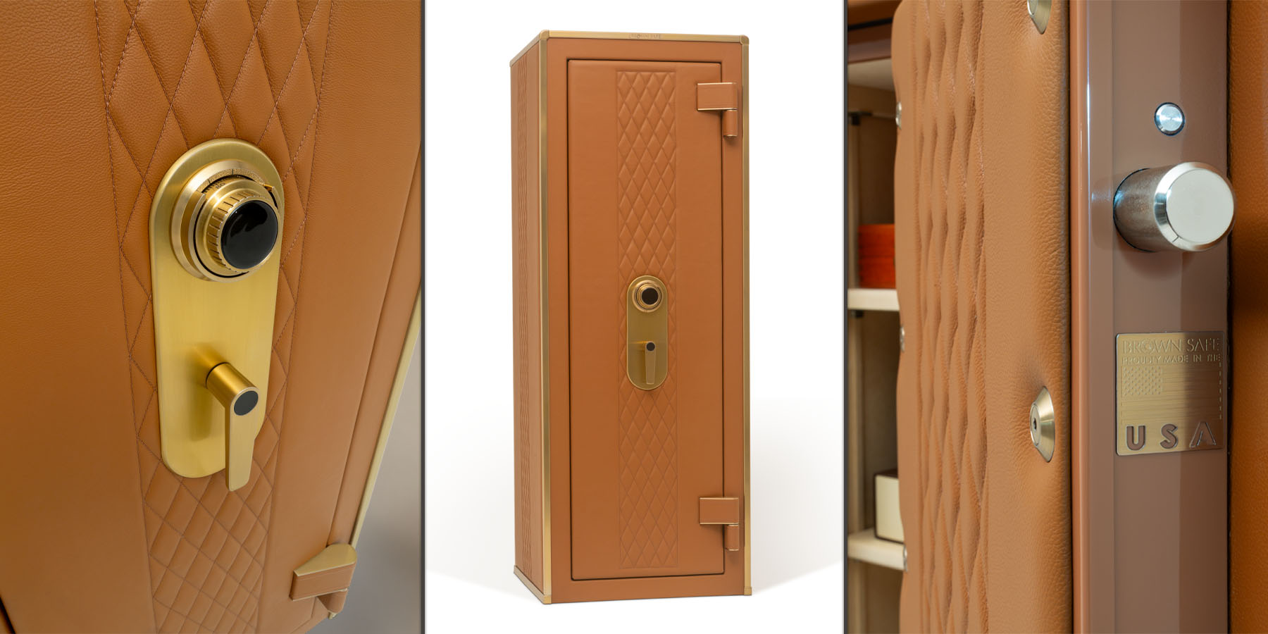 Decorative image of leather wrapped 6018 luxury safe in carmel leather with brass hardware