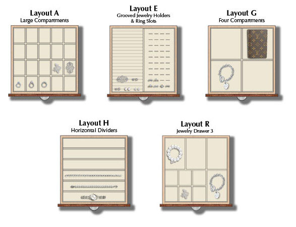 Drawer layout package 2 includes Layout A with large compartments, Layout E with grooved jewelry holders and ring slots, Layout G with four evenly spaced compartments, Layout H with horizontal full-width dividers, and Layout R jewelry drawer with a mix of small and medium compartments.