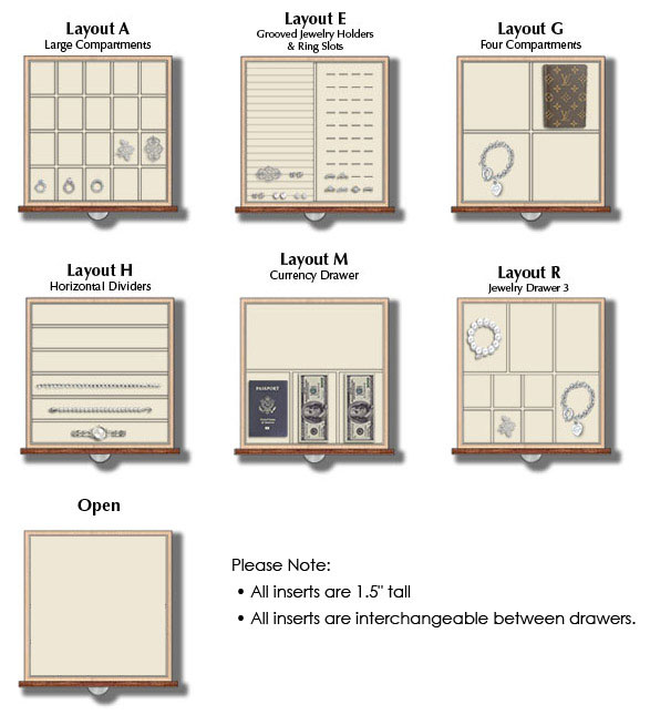 Drawer layout package 1 includes Layout A with large compartments, Layout E with grooved jewelry holders and ring slots, Layout G with four evenly spaced compartments, Layout H with horizontal full-width dividers, Layout M with currency compartments for US notes, Layout R jewelry drawer with a mix of small and medium compartments, and an open insert. All inserts are 1 1/2ich tall and are interchangeable between drawers.