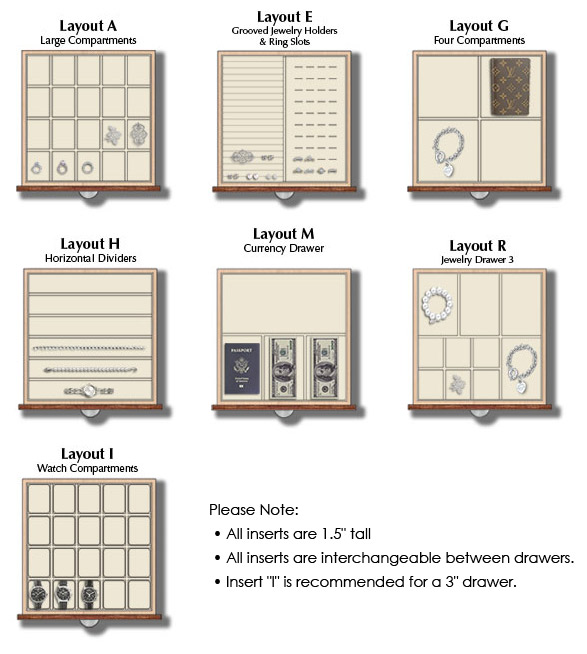 Drawer layout package 2 includes Layout A with large compartments, Layout E with grooved jewelry holders and ring slots, Layout G with four evenly spaced compartments, Layout H with horizontal full-width dividers, Layout M with currency compartments for US notes, Layout R jewelry drawer with a mix of small and medium compartments, and Layout I with compartment and pillows for watches. All inserts are 1 1/2 inch tall and are interchangeable between drawers.