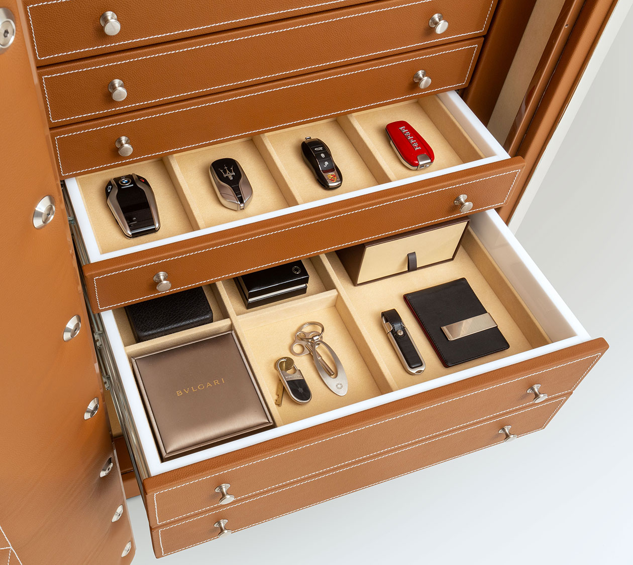 Bespoke leather safe interior jewelry chest with custom drawer inserts