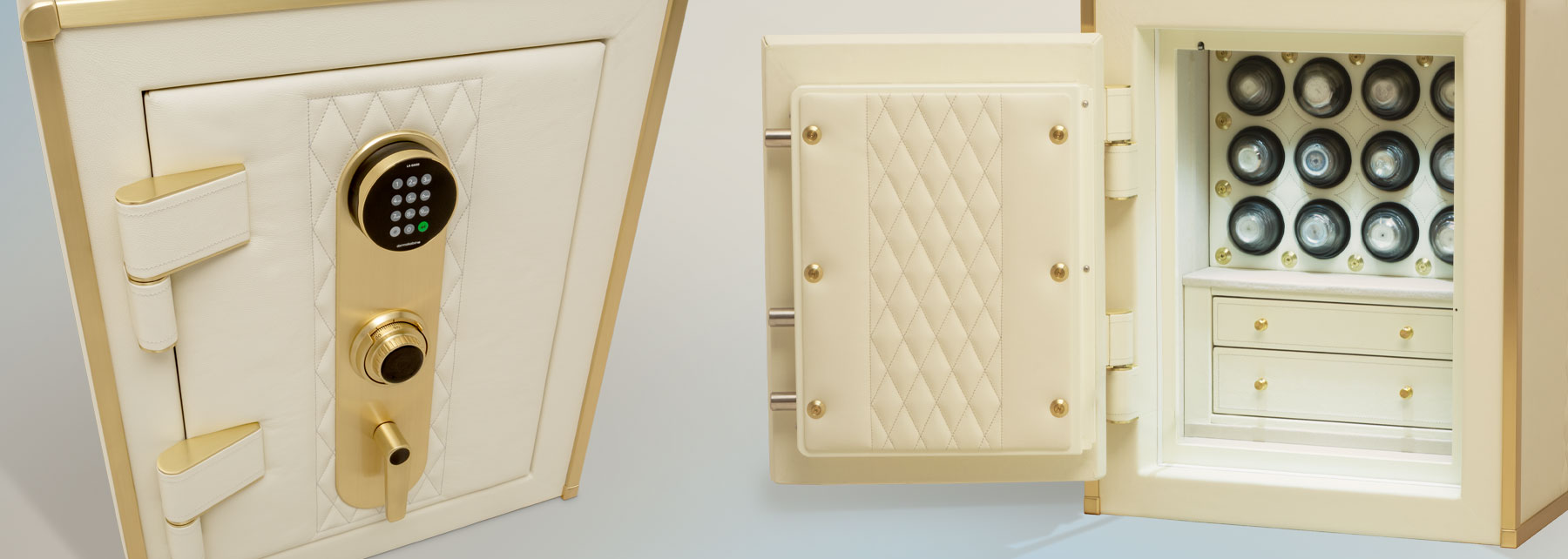 Luxurious bespoke leather safe with cream leather and brushed brass hardware